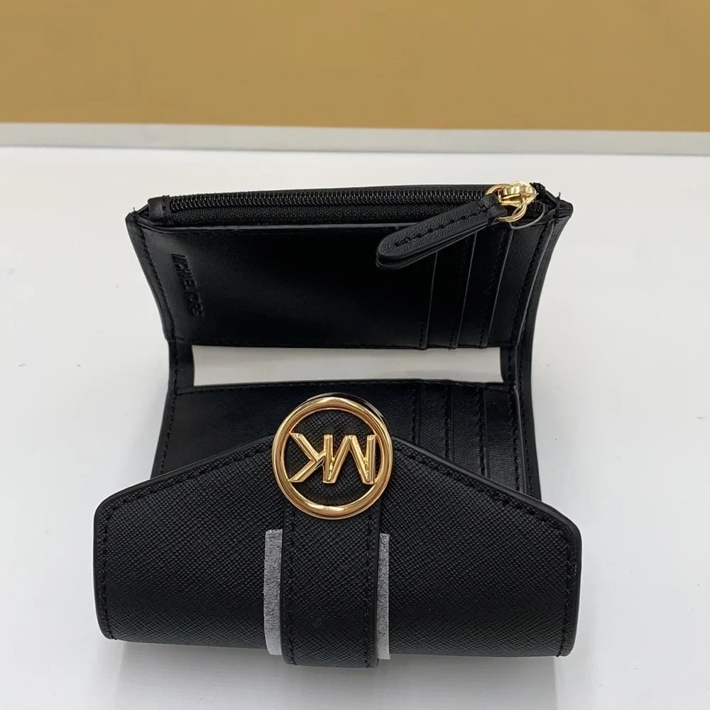 MICHAEL KORS Carmen Medium Flap Bifold Faux Fur-Leather Wallet BLACK COLOR
